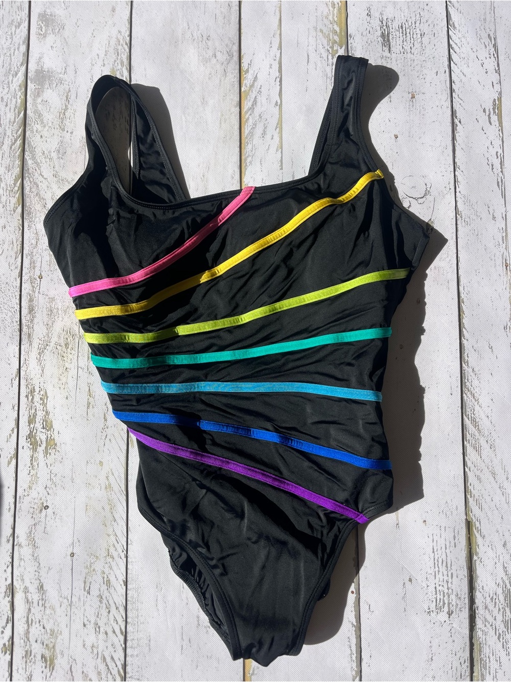 Robby Len One Piece Swimsuit Size 12 Black Rainbow Stripe Built In Bra Retro